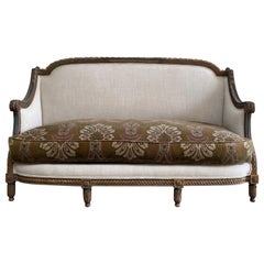 Antique Louis XVI Style Wood Painted Settee Upholstered in Linen and Velvet
