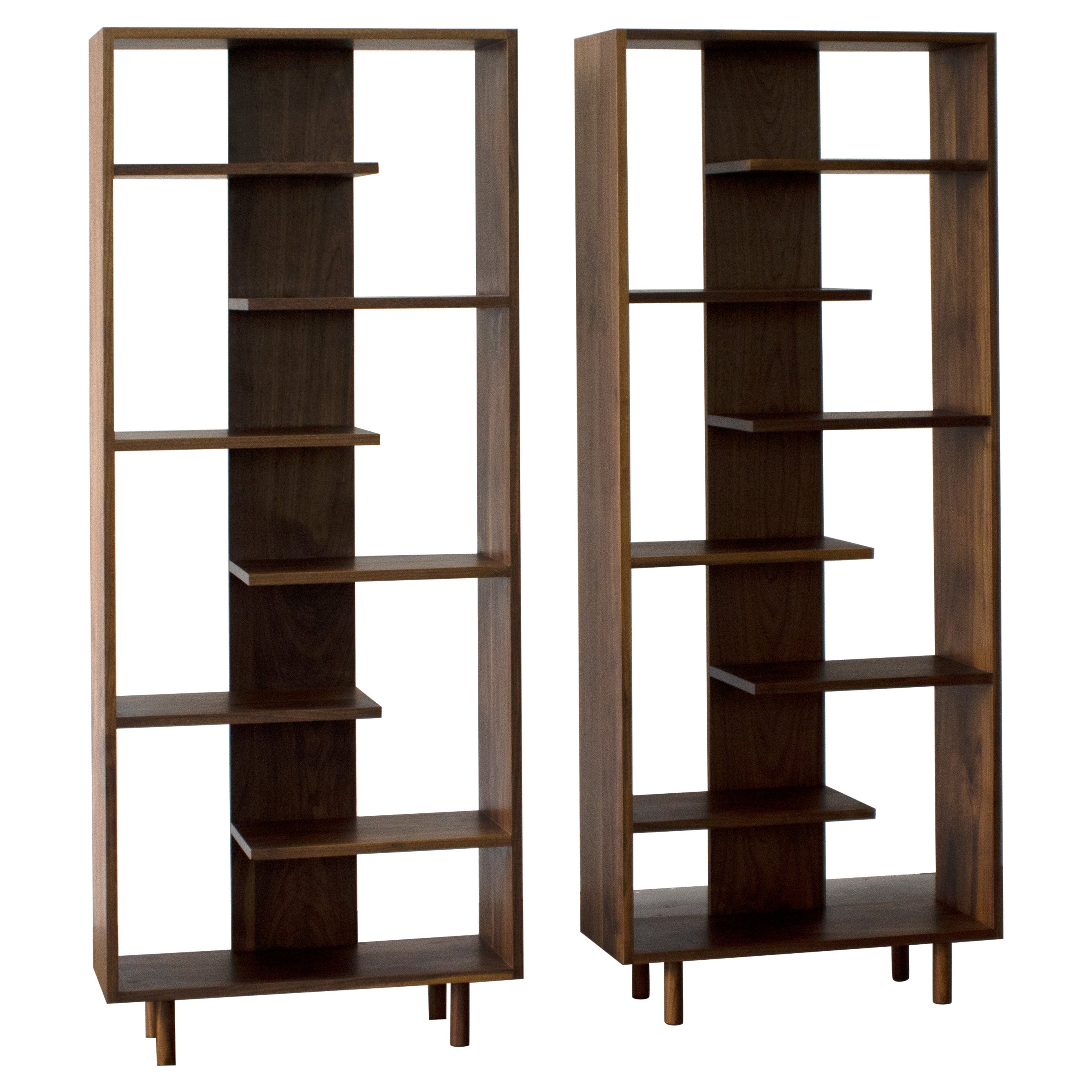 Mirrored Pair Contemporary Shelving "Paso" in Walnut by Casey Lurie