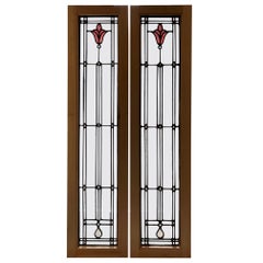 Vintage Pair of Art Deco Stained and Clear Glass Sidelights, Cabinet Doors