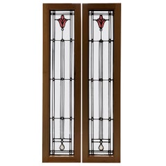 Pair of Art Deco Stained and Clear Glass Sidelights, Cabinet Doors