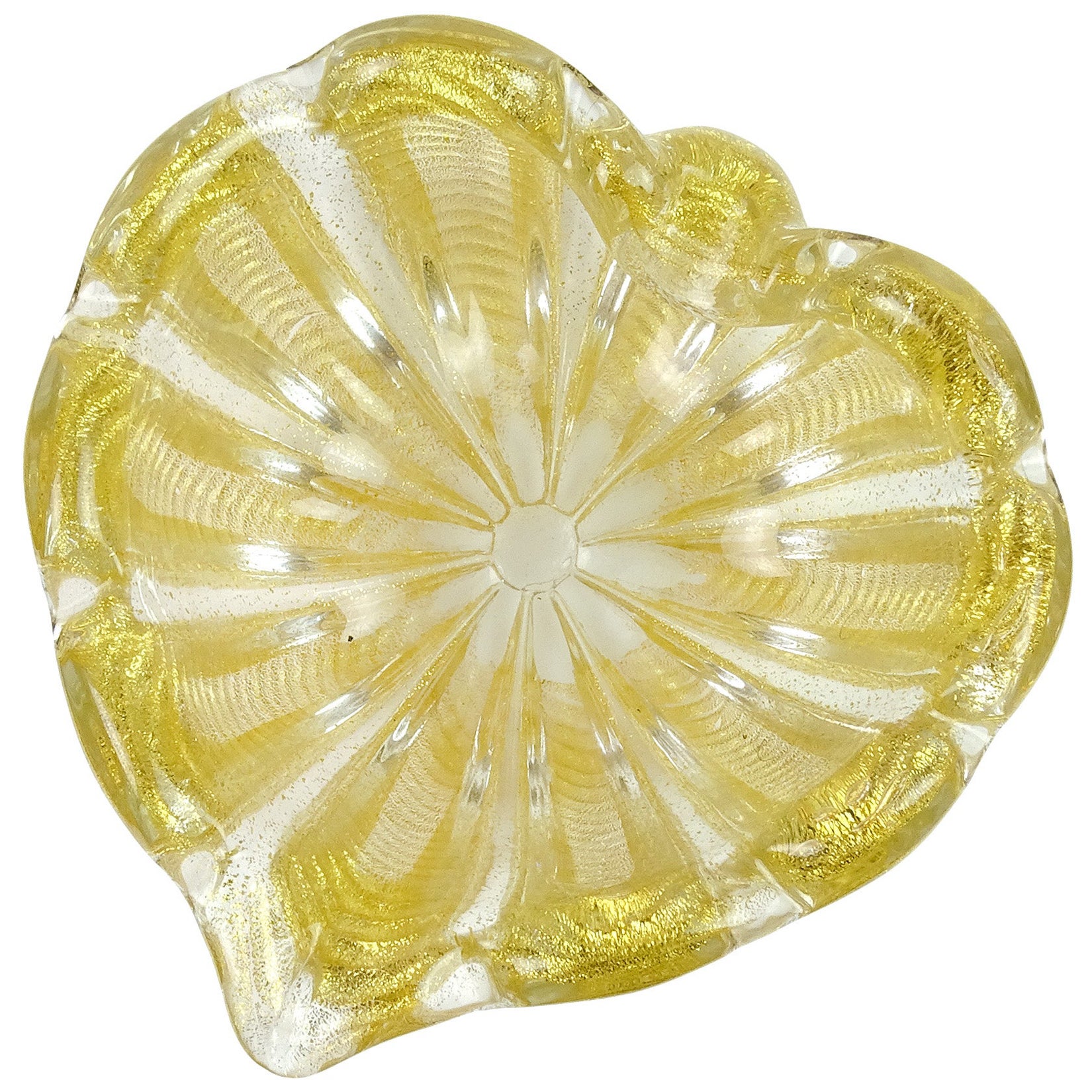 Barovier Toso Murano Vintage Gold Flecks Italian Art Glass Heart Shape Bowl Dish