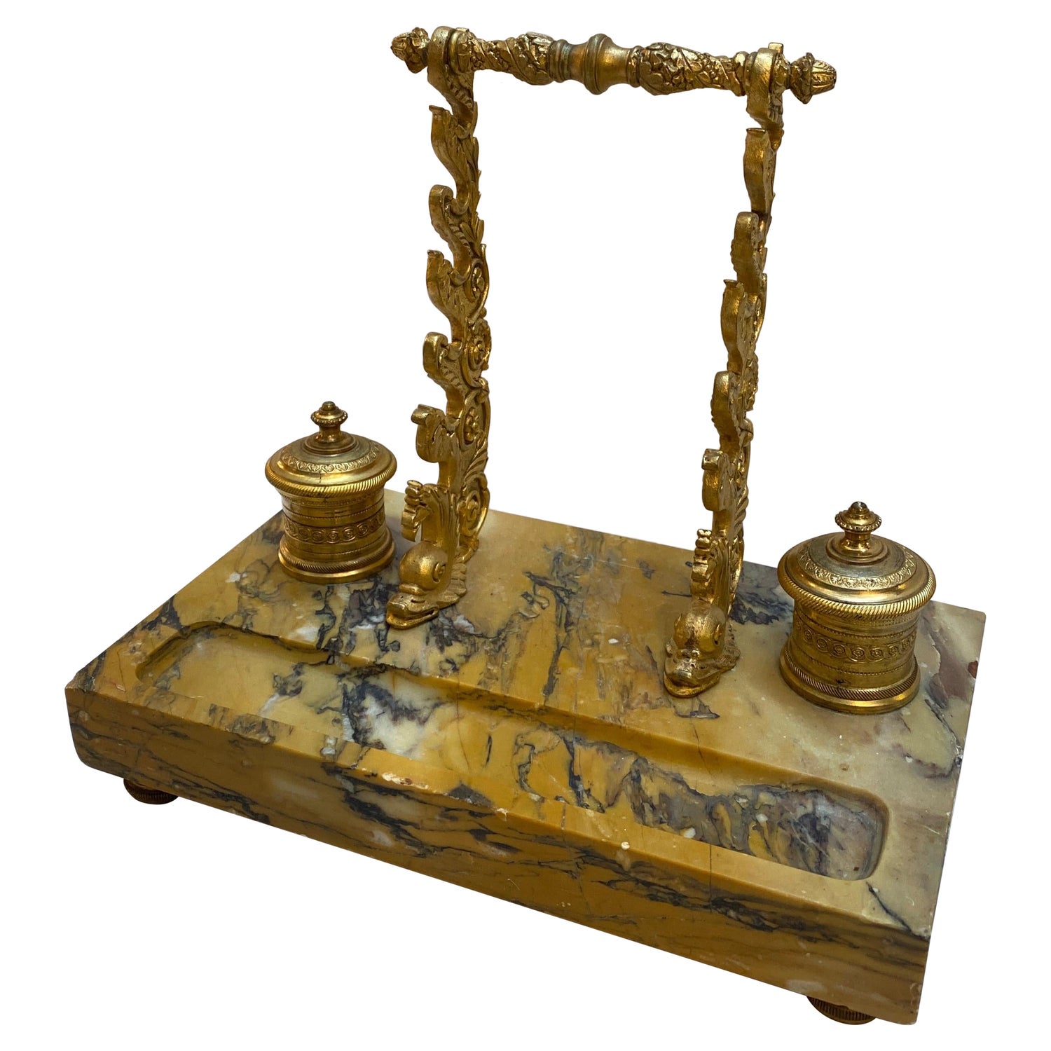 Antique Double Inkwell Wood and Irion Inkstand Desk Companion with Handle  For Sale at 1stDibs