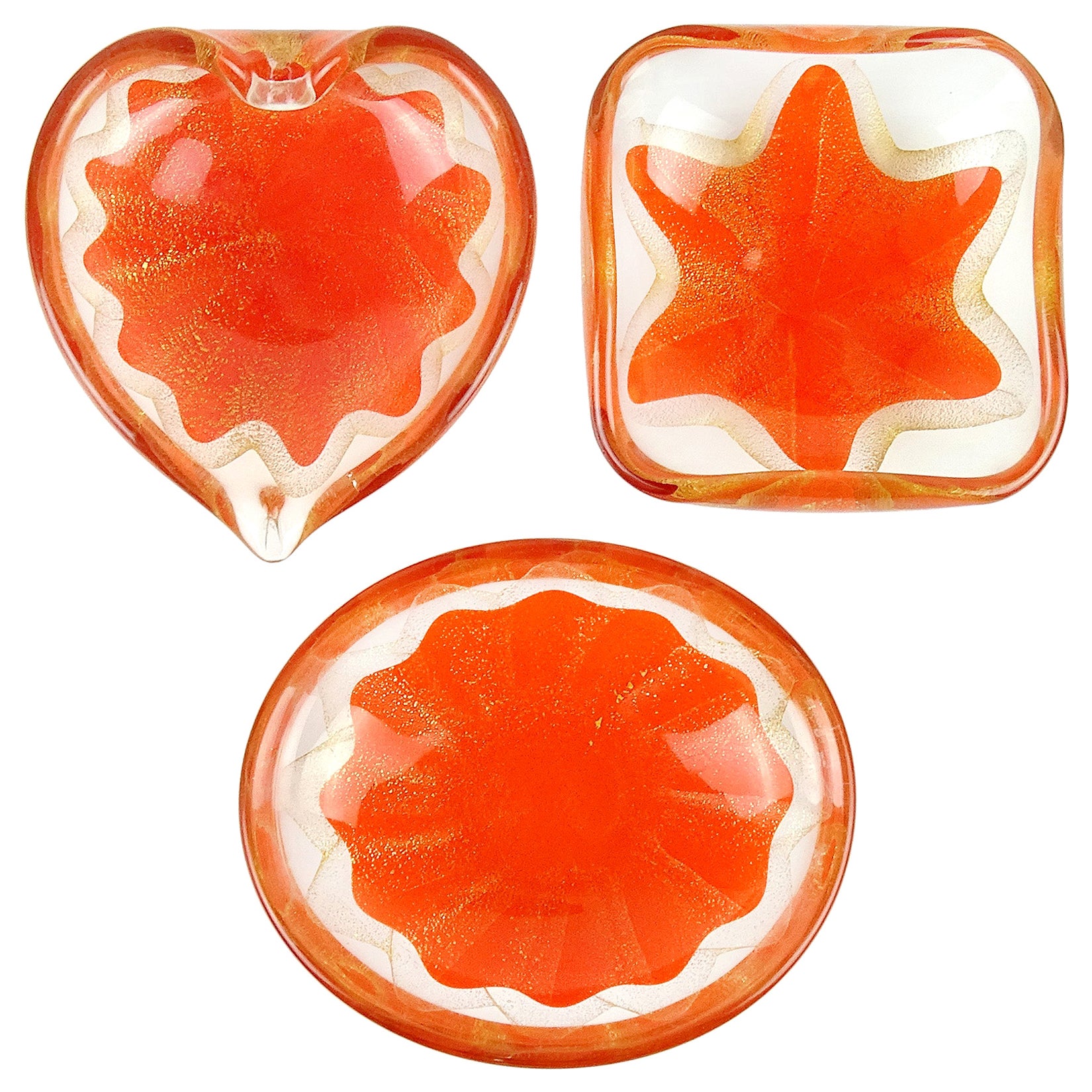 Salviati Murano 1950s Orange Gold Fleck Star Design Italian Art Glass Ring Bowls For Sale