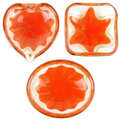 Salviati Murano 1950s Orange Gold Fleck Star Design Italian Art Glass Ring Bowls