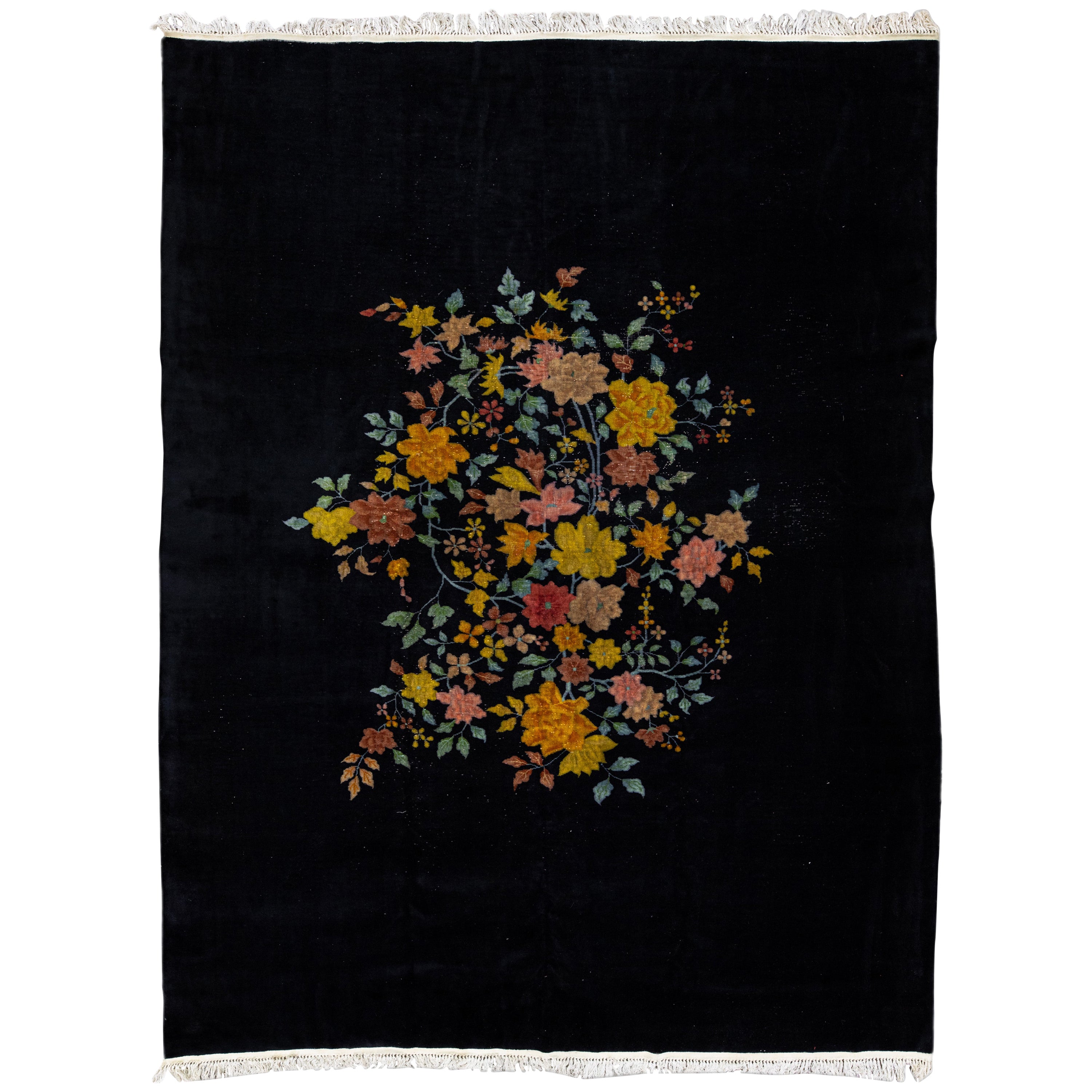 Antique Art Deco Chinese Handmade Floral Dark Blue Wool Rug For Sale