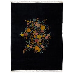 Vintage Art Deco Chinese Handmade Floral Dark Blue Wool Rug