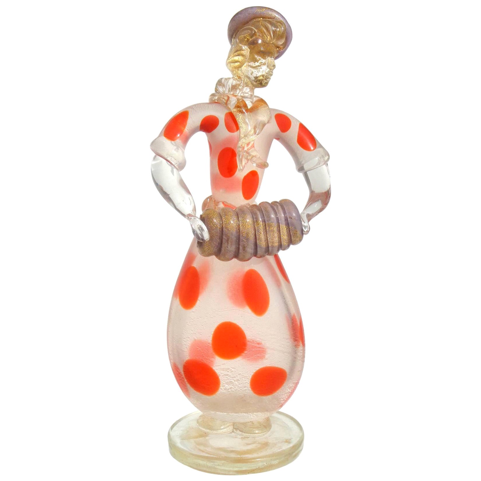 Murano Polka Dot Dress Italian Art Glass Parisian Woman Accordion Player Figure For Sale