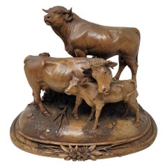 Antique Swiss Wood-Carving, Family of Cows, Circa 1880-1900