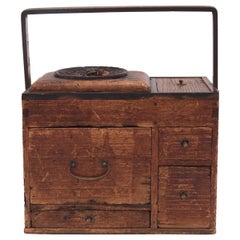 Japanese Wooden Tabako-Bon Box with Handle, c. 1850