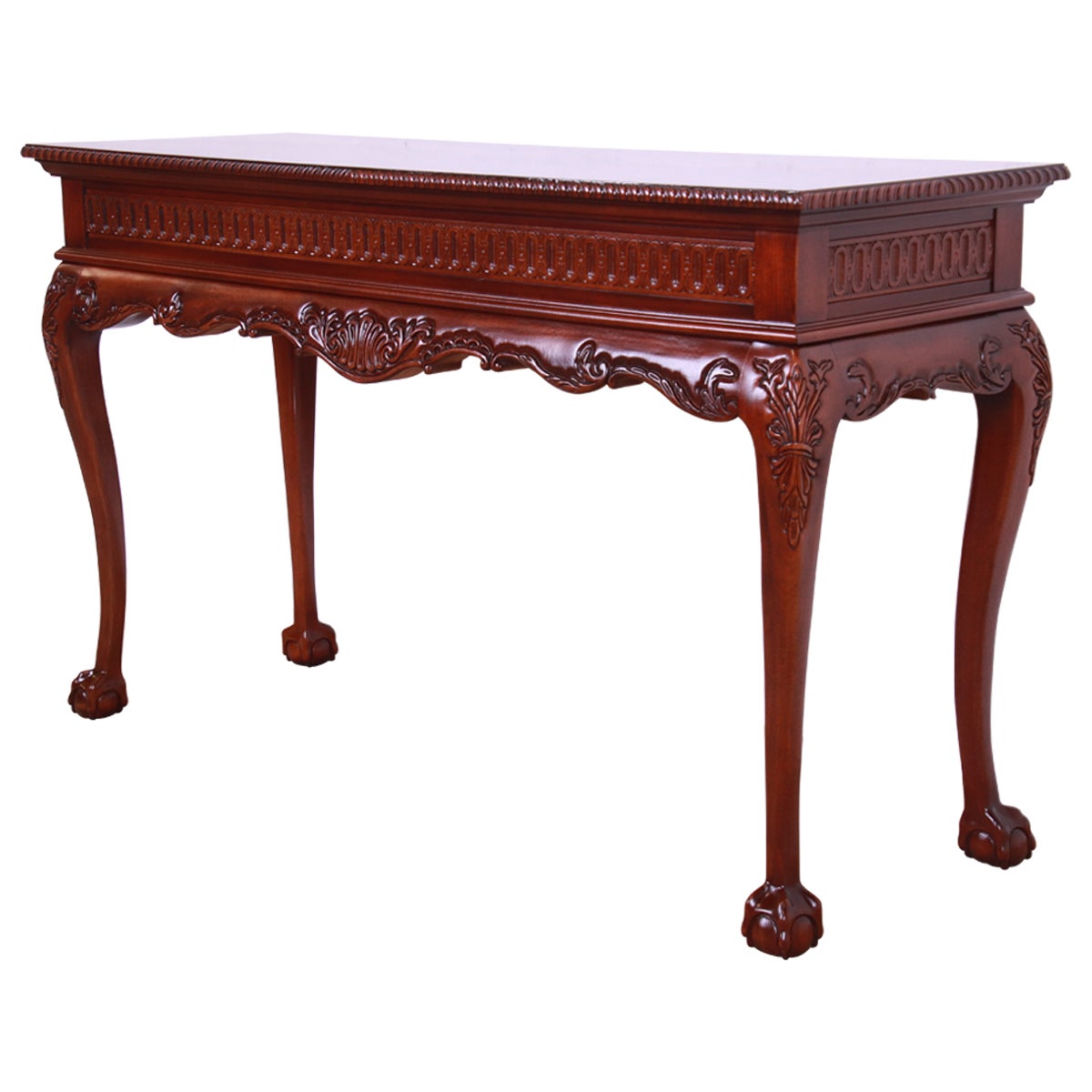 Chippendale Carved Flame Mahogany Console or Sofa Table, Newly Refinished