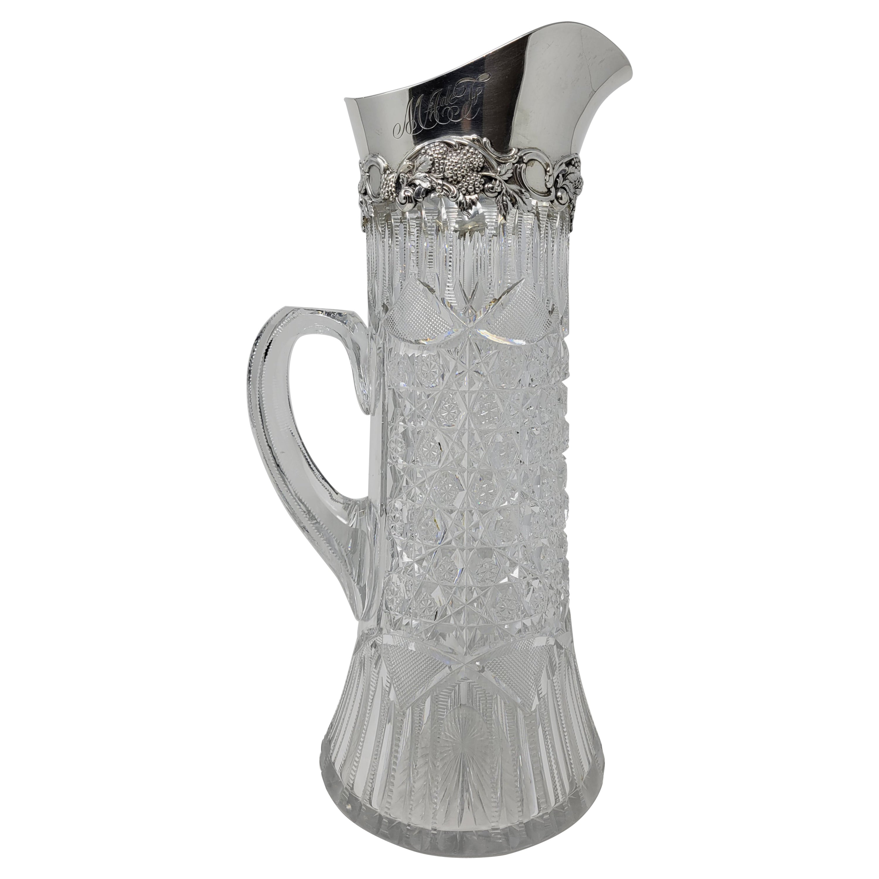 Antique American "Tiffany & Co." Sterling Silver & Cut Crystal Pitcher, Ca. 1890