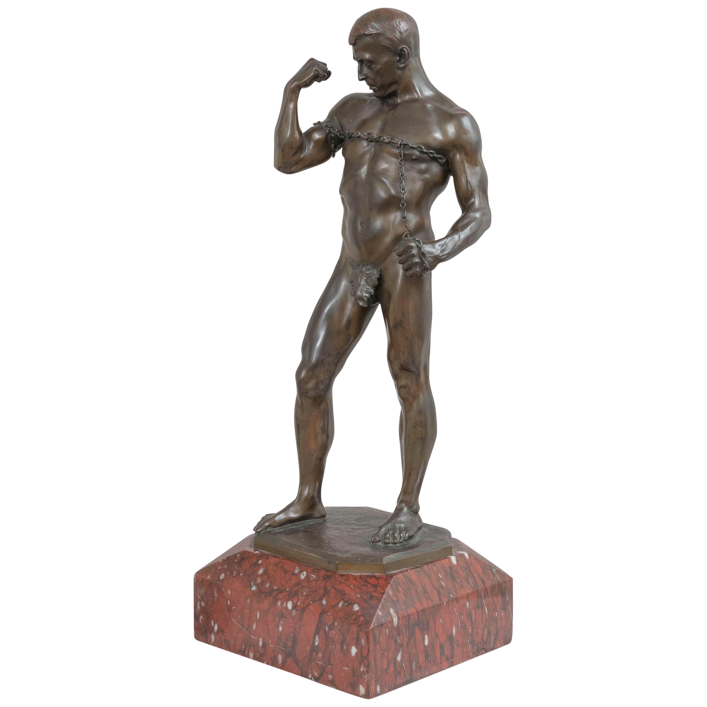 German Bronze Figure of a Nude Male Strongman Breaking out of Chains, ca. 1895