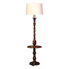 Retro Mid-Century French Carved Barley Twist Two-Light Floor Lamp with Attached Table