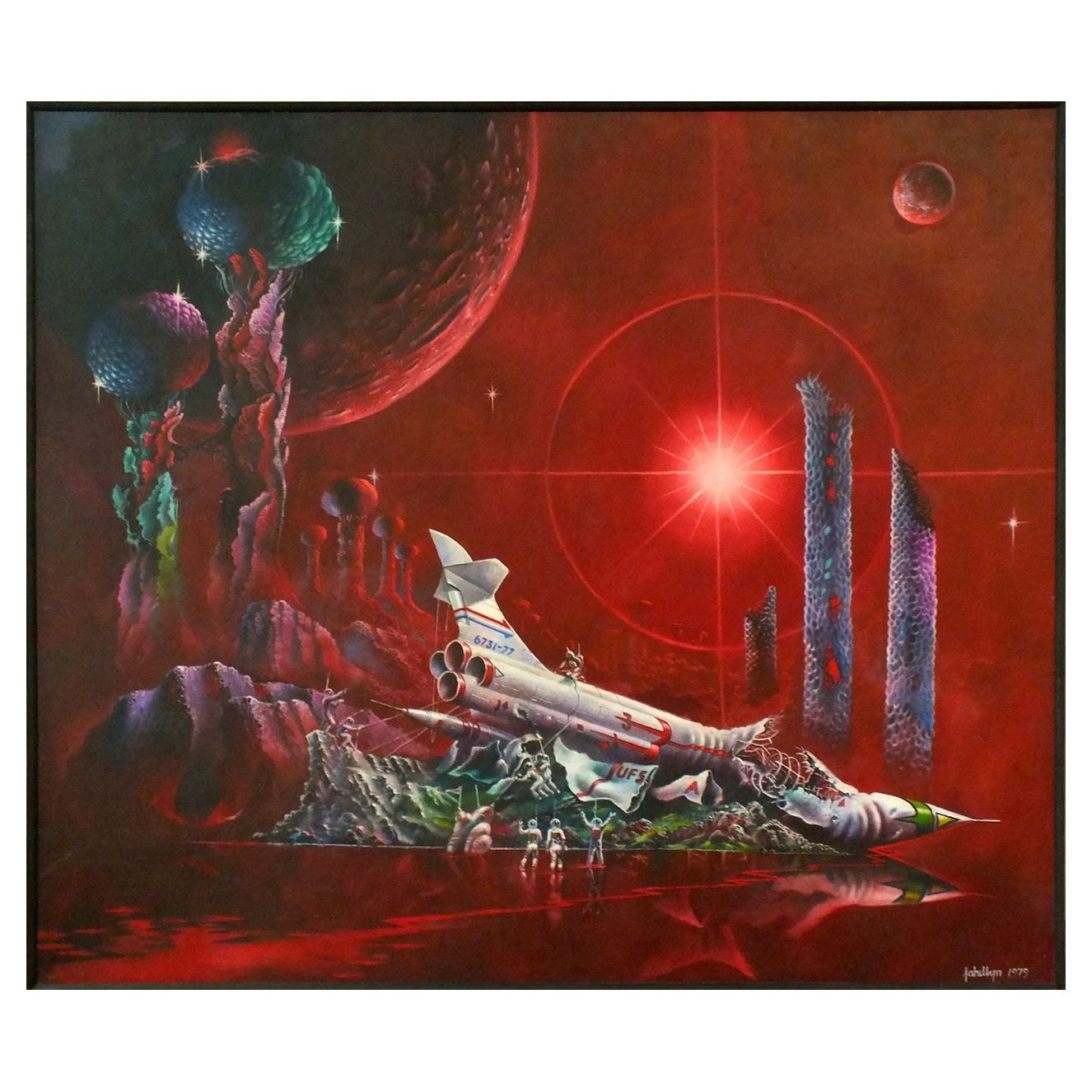 Large Sci Fi ‘Crash Landing’ Oil Painting by Fahellyn 1979 For Sale