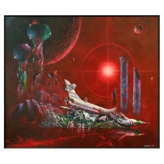 Retro Large Sci Fi ‘Crash Landing’ Oil Painting by Fahellyn 1979