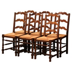Set of 6 Mid-Century Carved Oak Ladder Back Chairs with Rush Seat from Normandy