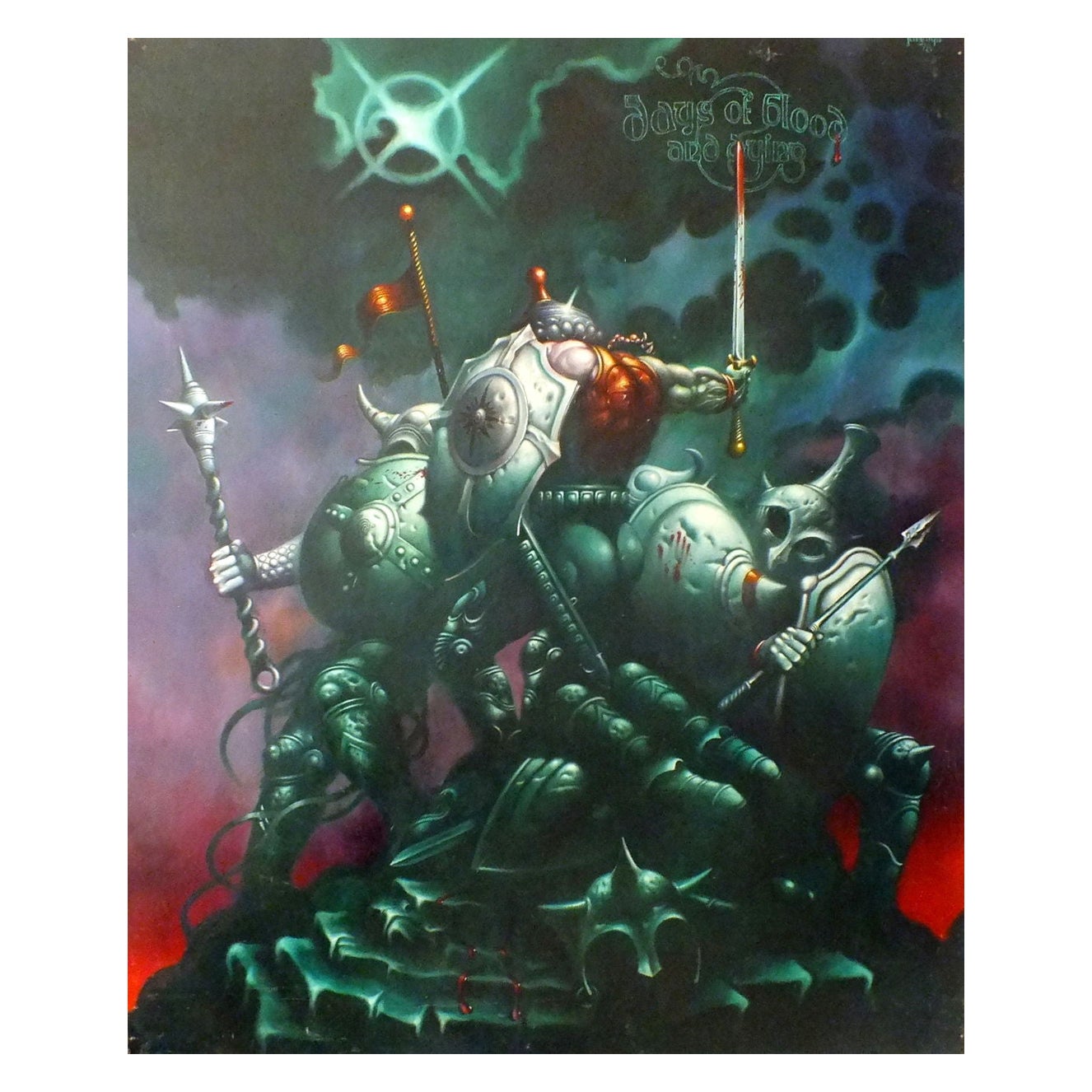 Großes Sci-Fi-Gemälde „ Days of Blood & Dying“, Ölgemälde von Fahellyn, 1976