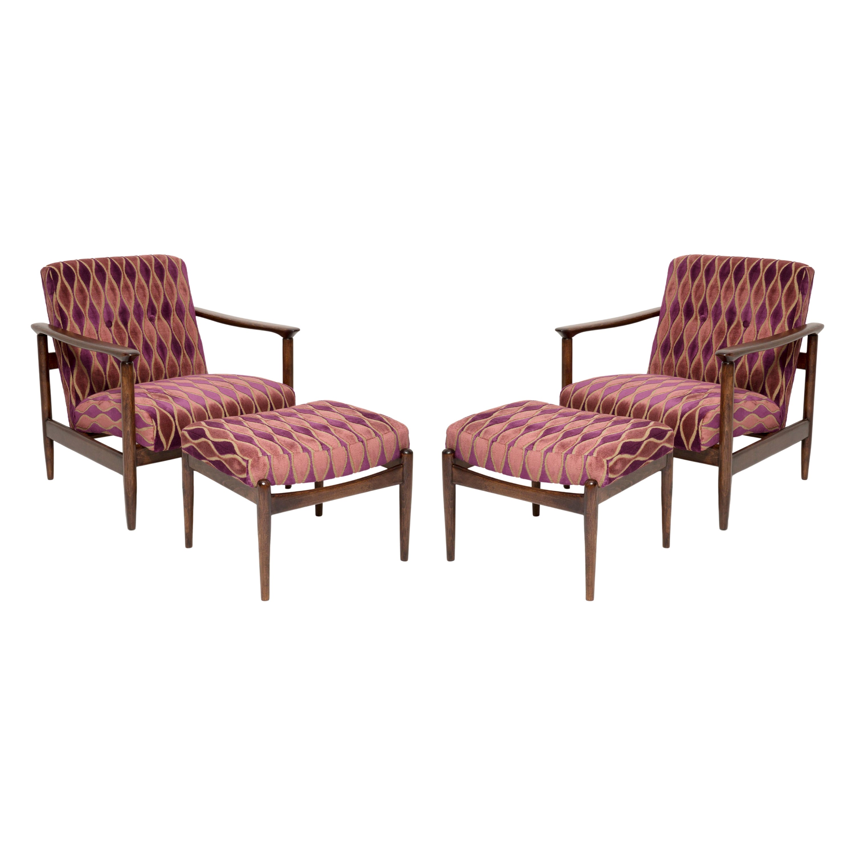 Pair of Vintage Pink Velvet Armchairs and Stools, Edmund Homa, Europe, 1960s
