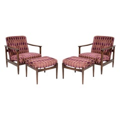 Pair of Vintage Pink Velvet Armchairs and Stools, Edmund Homa, Europe, 1960s