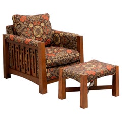 STICKLEY Highlands Oak Mission Arts & Crafts Style High Back Chair + Ottoman
