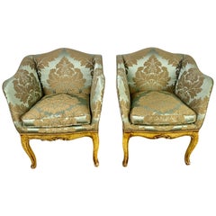Pair of Painted French Provincial Silk Damask Armchairs, C 1930