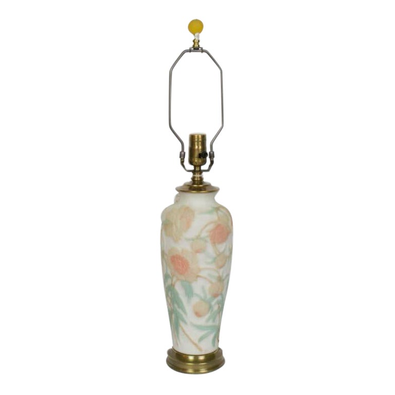 Phoenix Art Glass Lamp with Cream Peony Flower Pattern For Sale