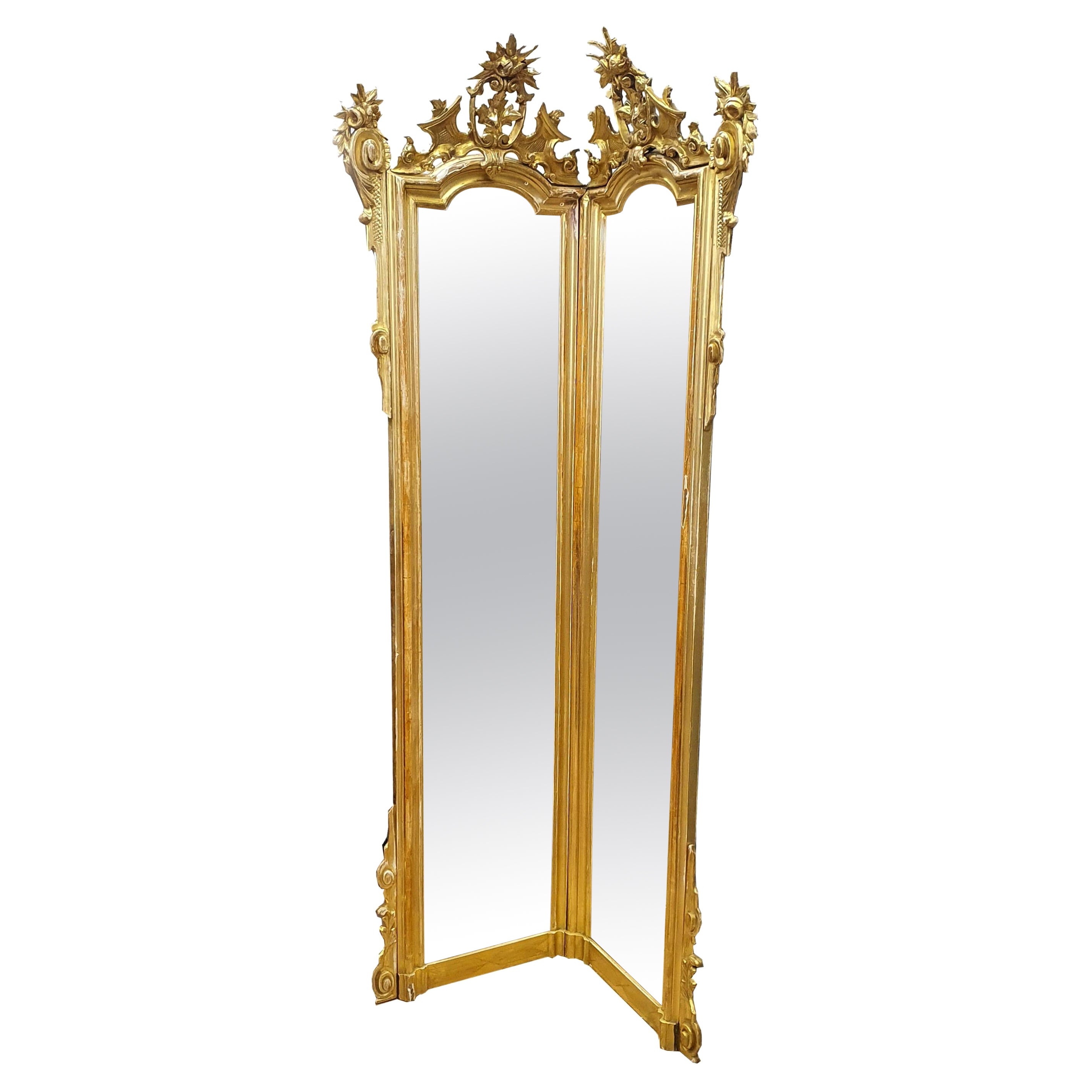 18th Century, Italian Angular Floor Mirror, Pure Gold Leaf