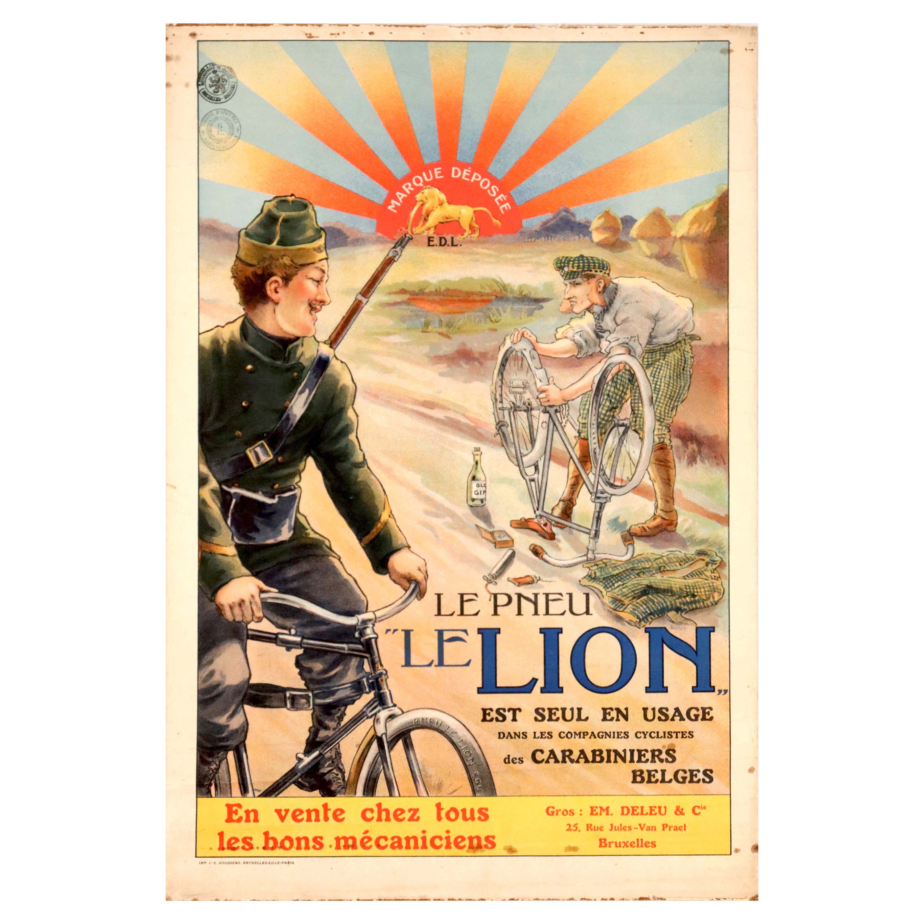 Original Antique Poster Le Pneu Le Lion Bicycle Tyres Belgium Carabiniers Belges For Sale