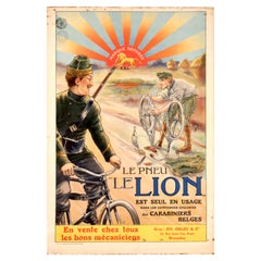 Original Antique Poster Le Pneu Le Lion Bicycle Tyres Belgium Carabiniers Belges