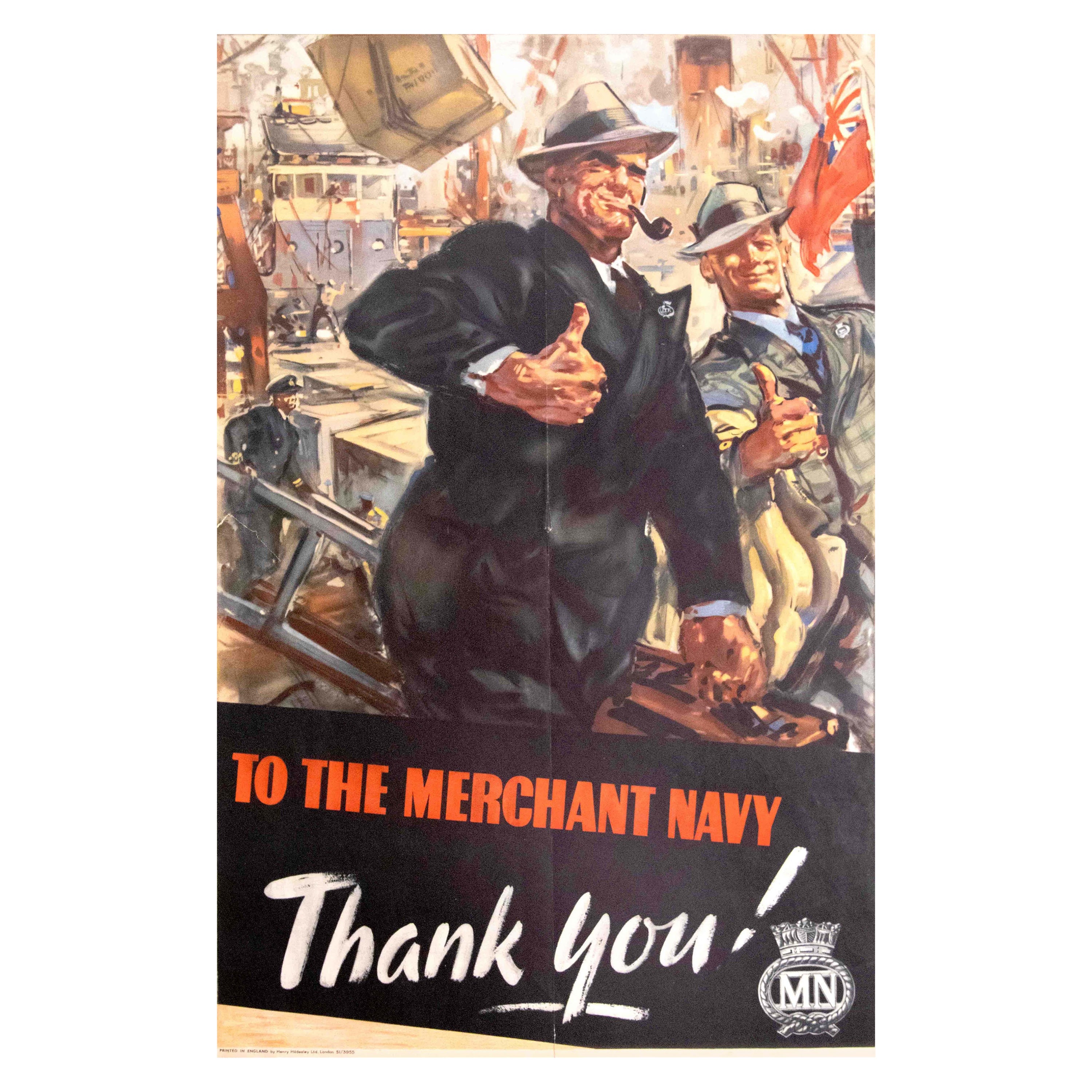 Original Vintage Poster To The Merchant Navy Thank You WWII Thumbs Up Artwork For Sale