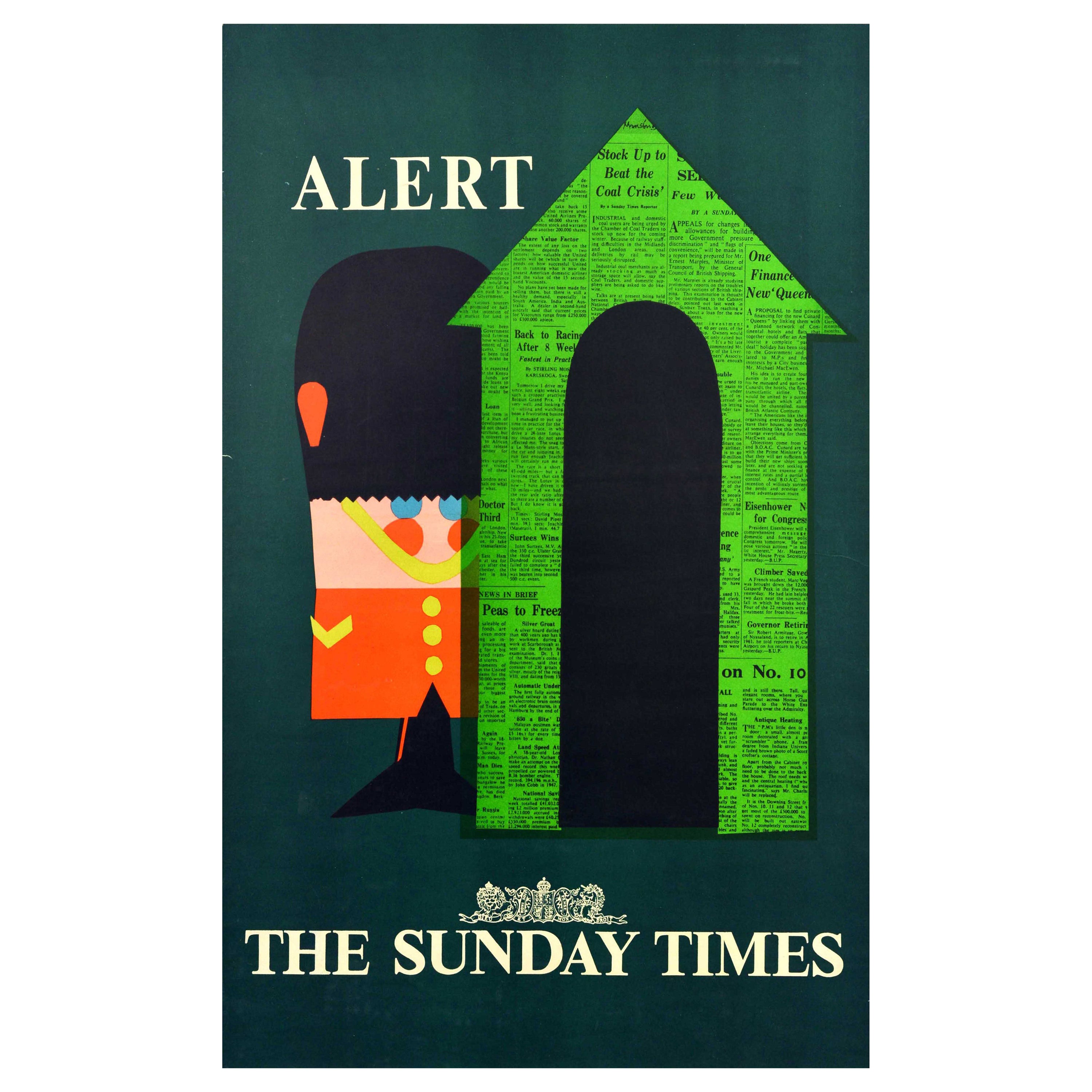 Original Vintage Poster Alert Sunday Times News Royal Guard Sentry Box Design For Sale