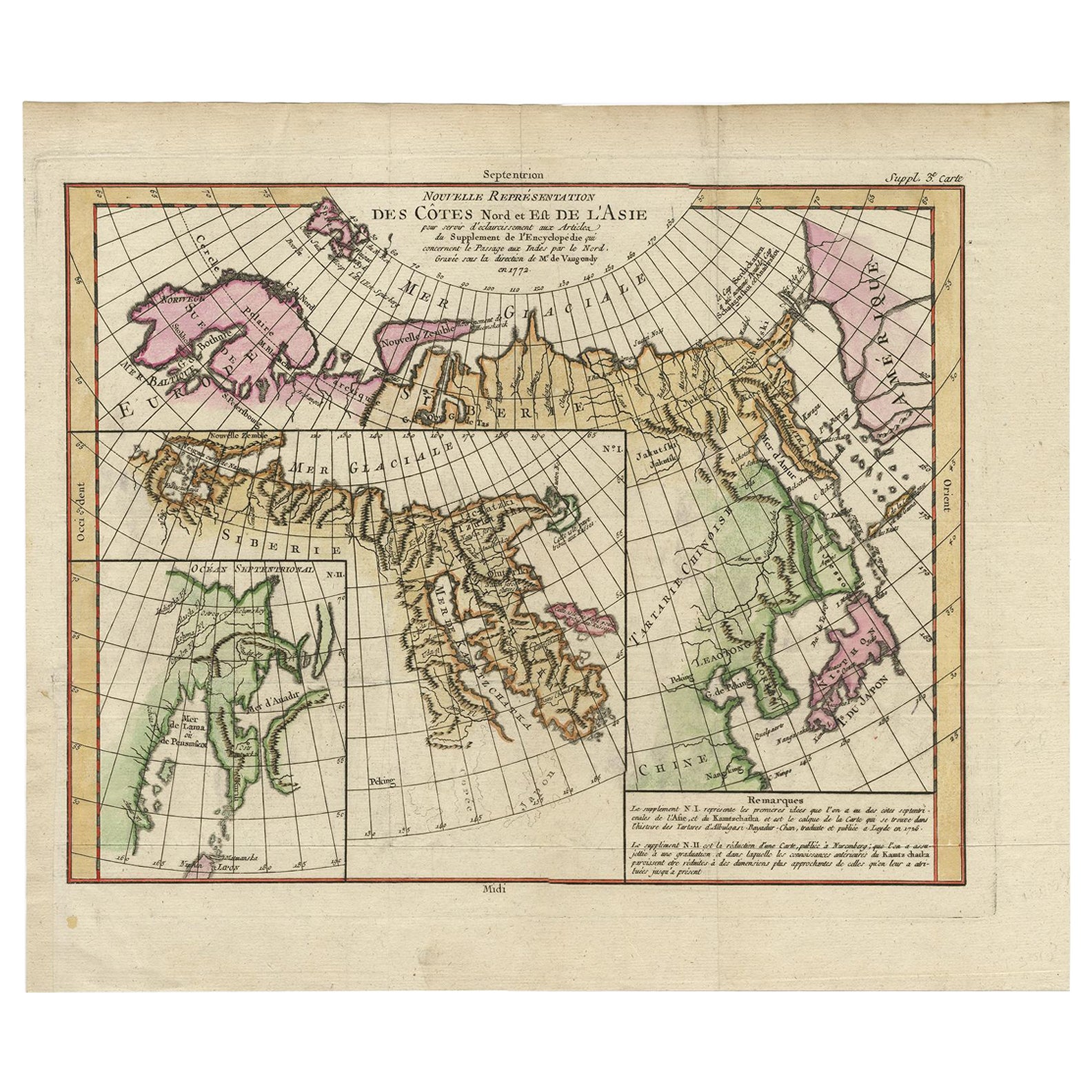 Map der Nord- und Ostküste Asiens mit Japan und eingelassenen Karten von Kamchatka, um 1750