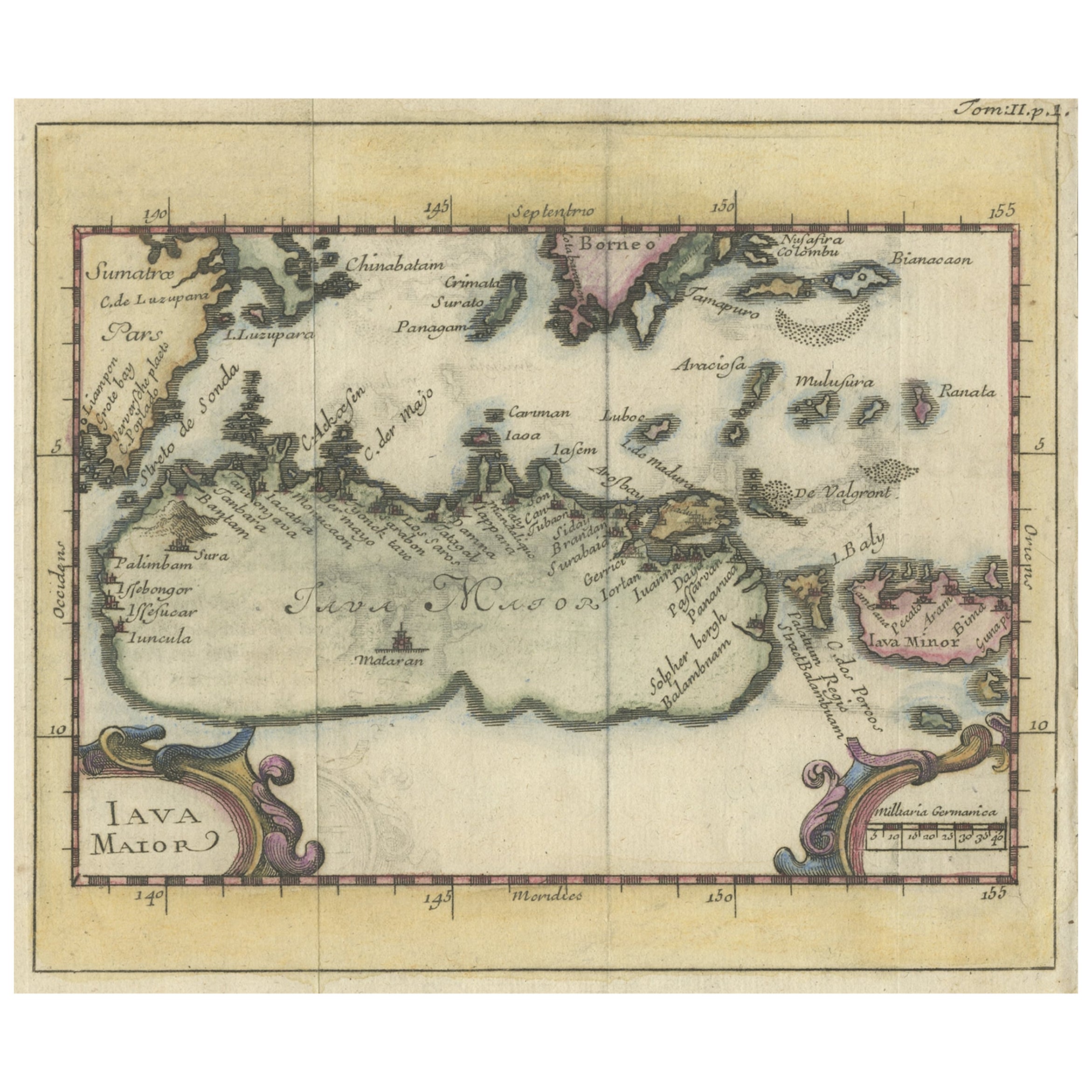 Beautiful Hand-Coloured Miniature Map of the Island of Java, Indonesia, ca.1702 For Sale