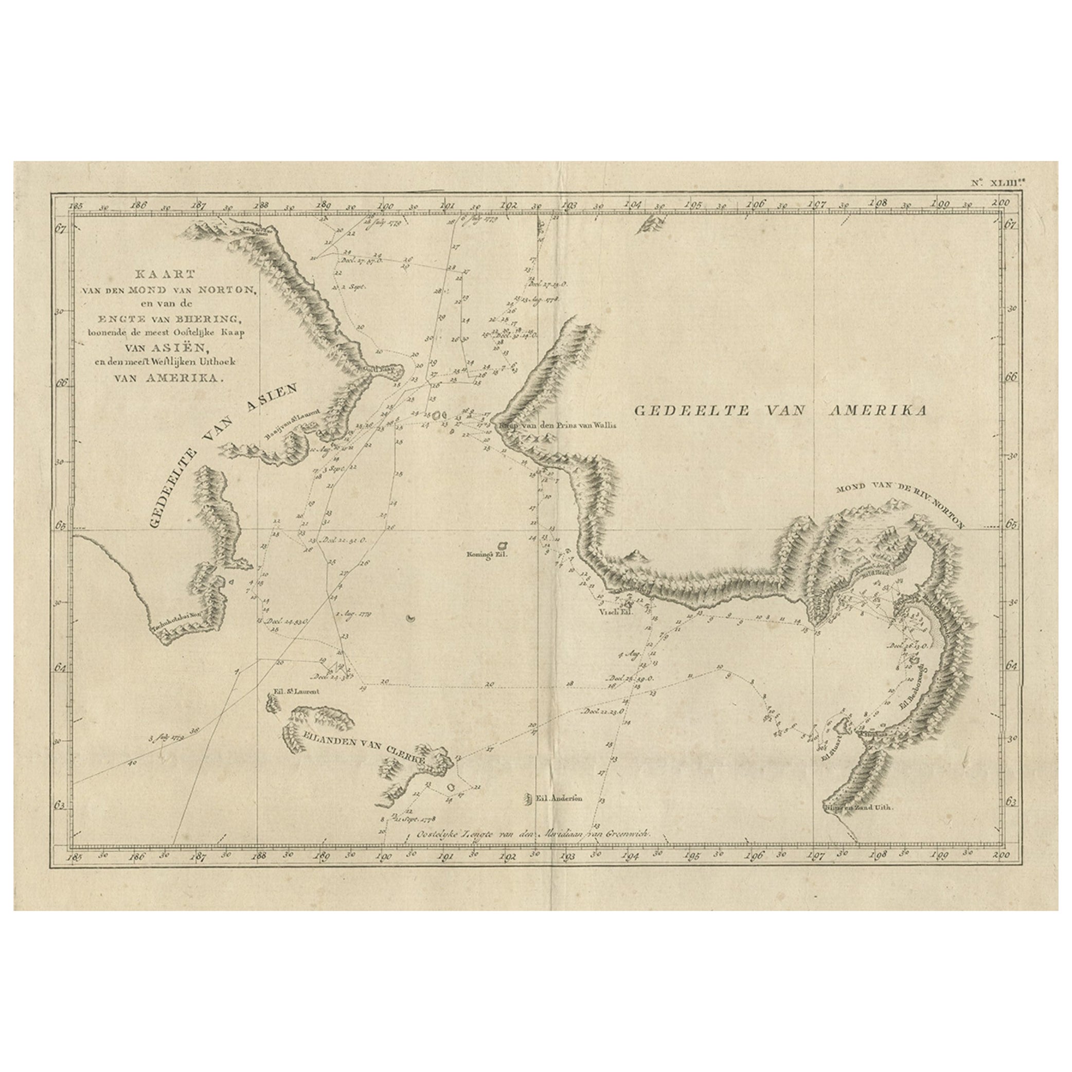 Carte originale gravée en cuivre du fleuve Bering par le capitaine Cook, 1803