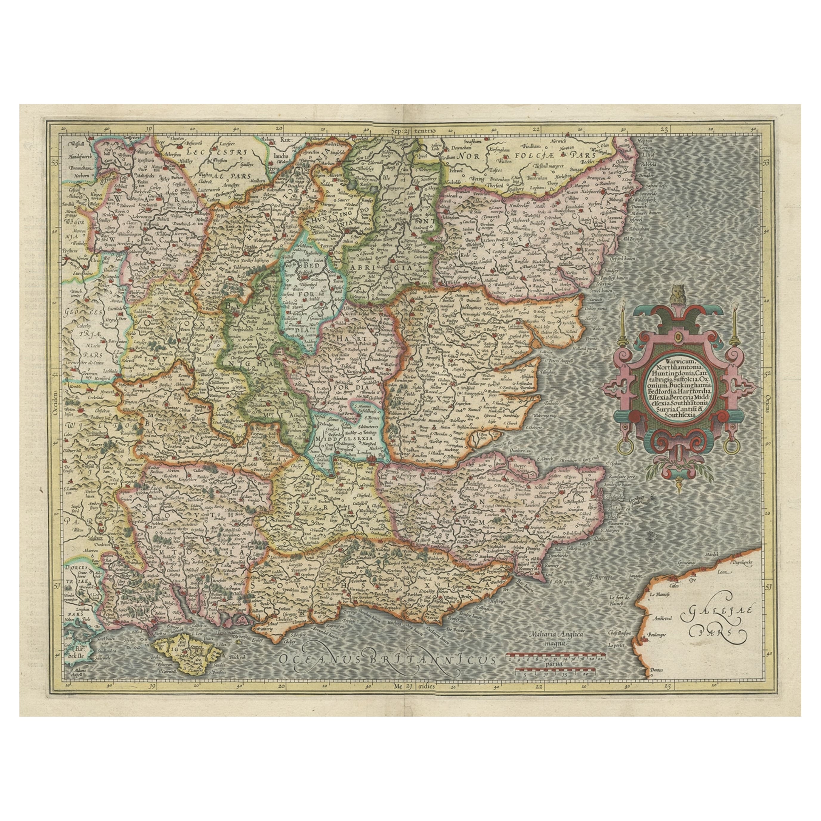 Original Old Map of South East England Incl London, Oxford, Cambridge, Etc, 1633 For Sale