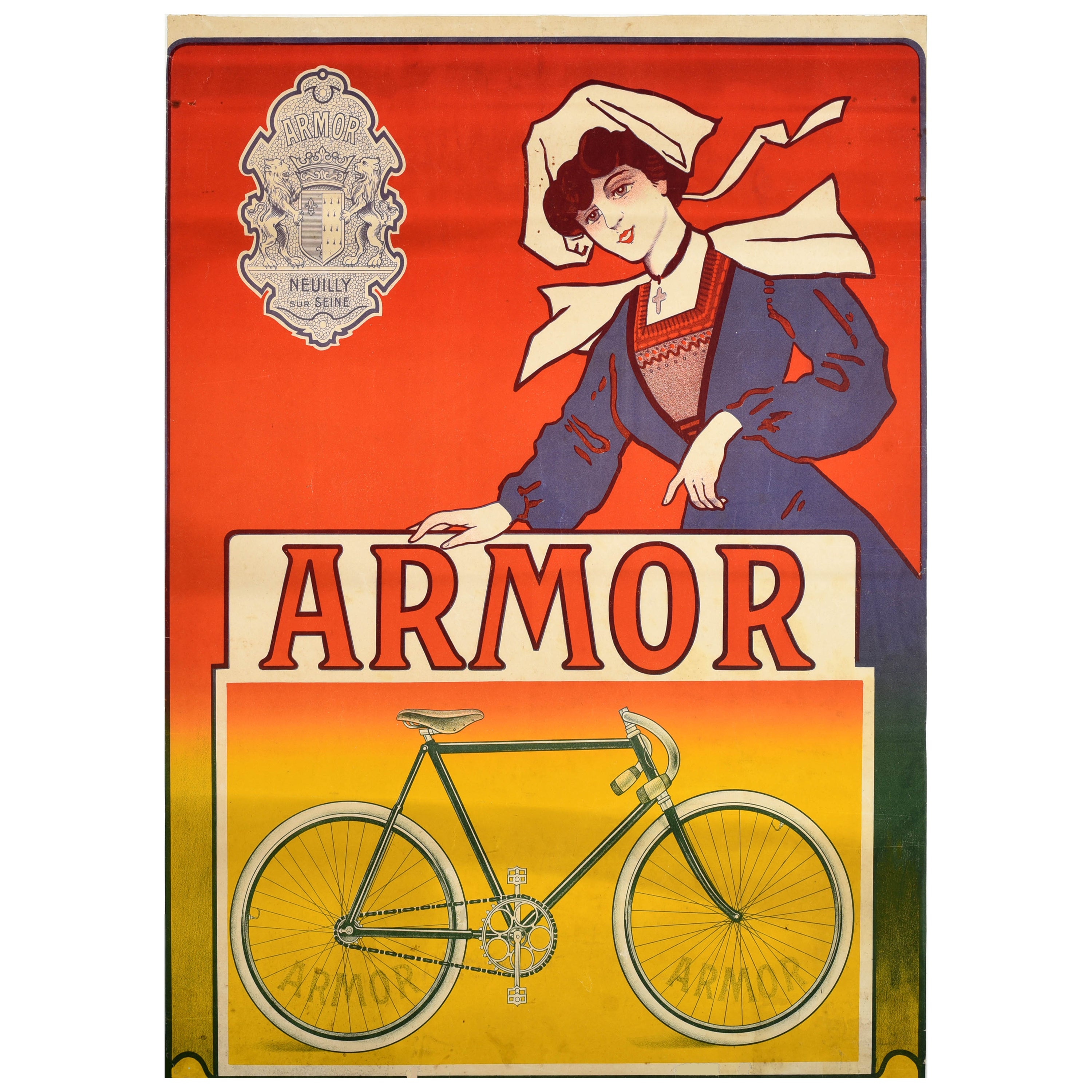 Original Antique Advertising Poster Armor Bicycles Neuilly Sur Seine France For Sale