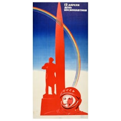 Affiche rétro originale pour le jour des Cosmonautes, Yuri Gagarin, URSS, Exploration spatiale