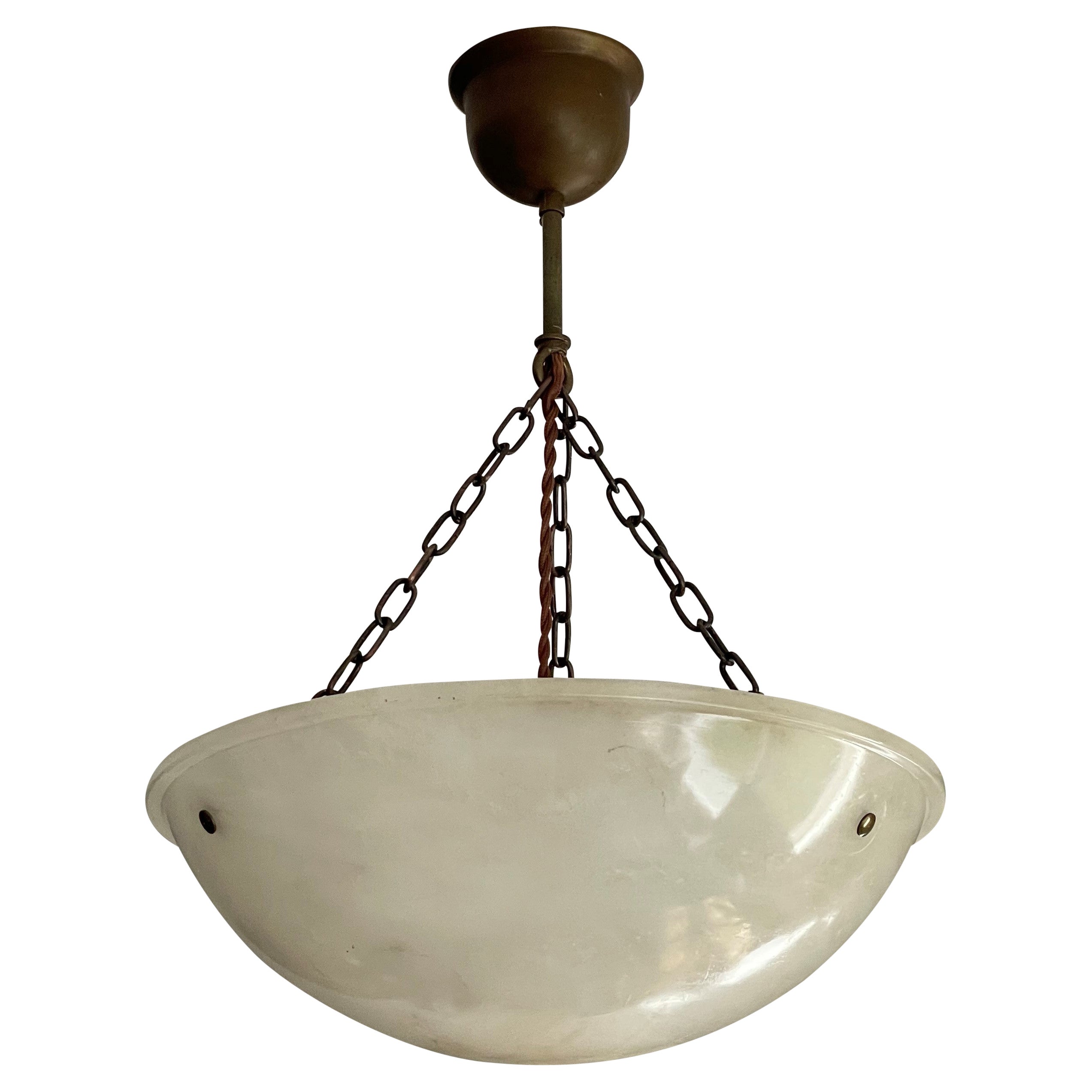 Timeless Art Deco Pendant / Flushmount w. Pearly Alabaster Shade & Brass Canopy