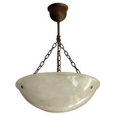 Antique Timeless Art Deco Pendant / Flushmount w. Pearly Alabaster Shade & Brass Canopy