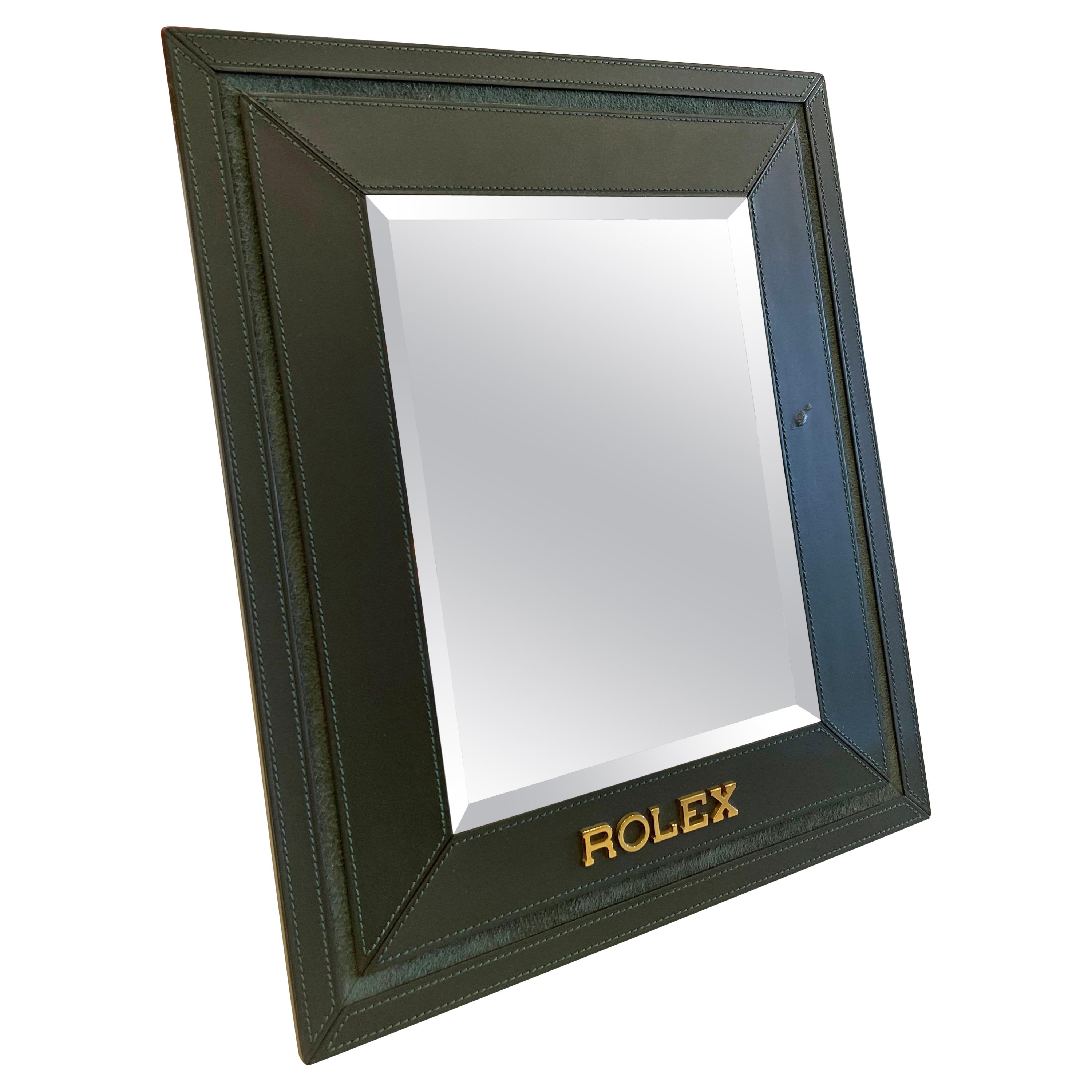 Original Vintage Rolex Swiss-Made Green Stitched Leather Display Mirror For Sale