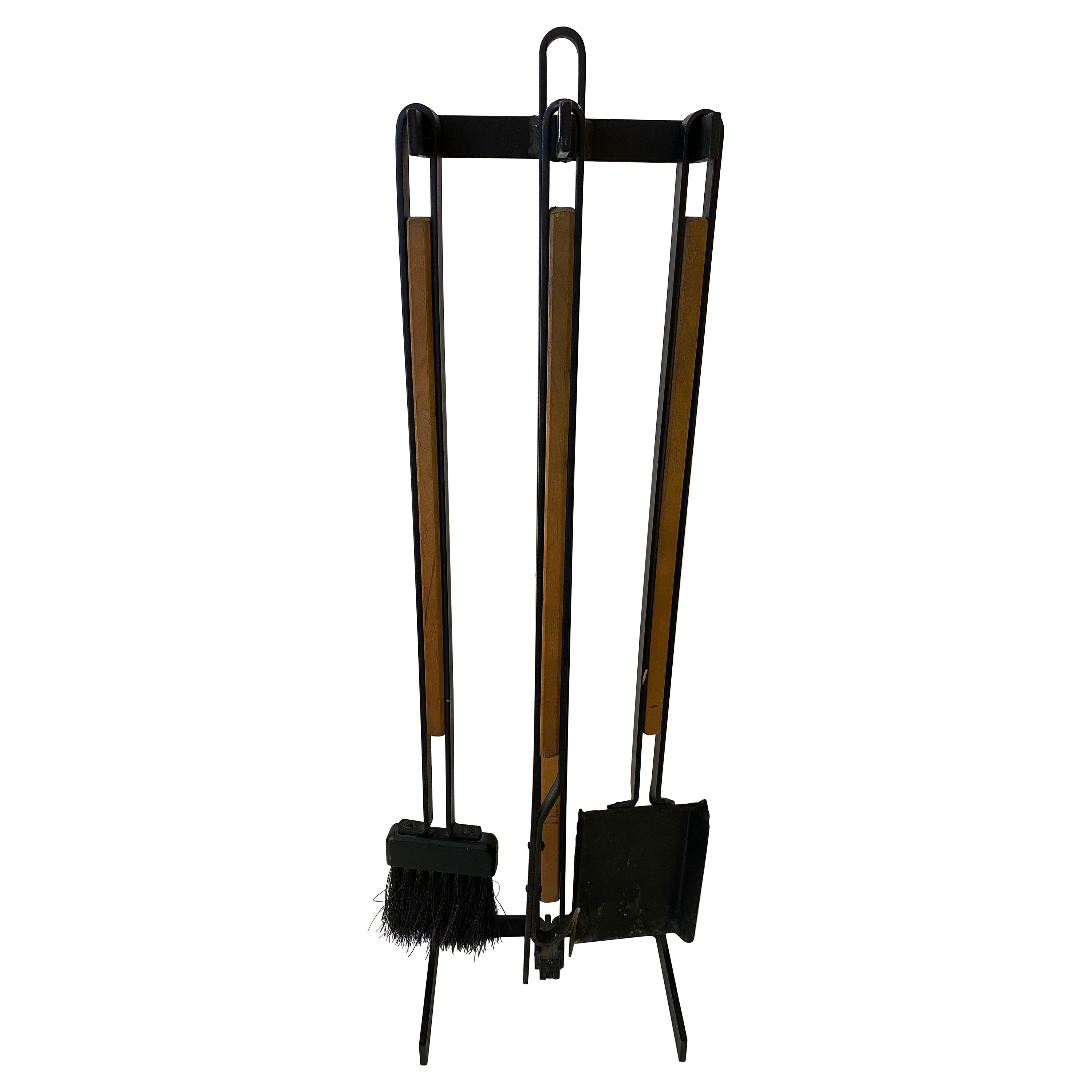 Arthur Umanoff Fireplace Tool Set Maple Wood Black Iron 1960s USA For