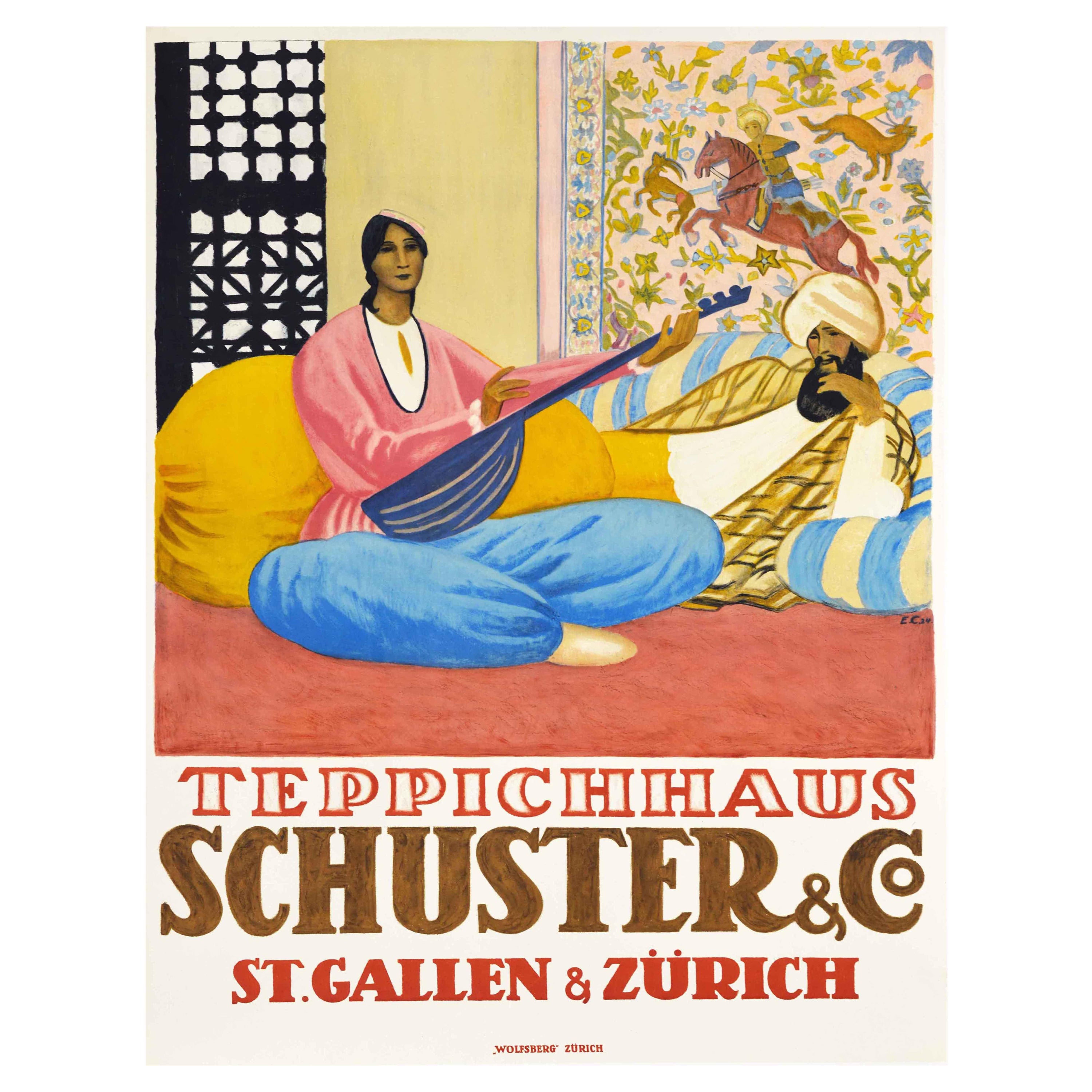 Affiche vintage originale Teppichhaus Schuster St Gallen & Zurich Tapis d'Orient en vente