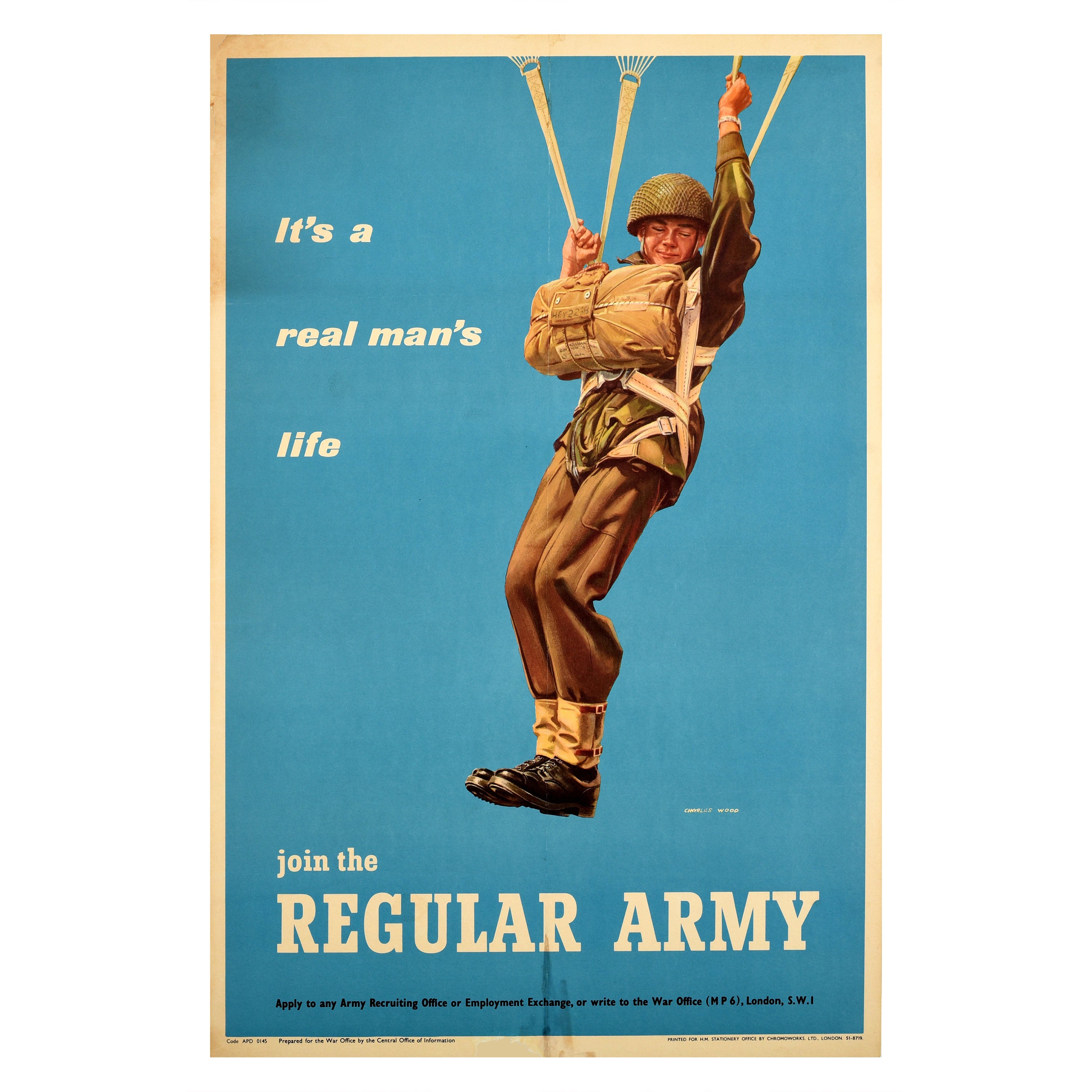 Original Vintage Military Poster Join The Regular Army Recruitment Parachutist