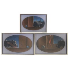 3 WPA Paintings on Canvas Ribbon Trains Mounted