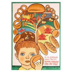 Original Vintage Food Poster Bread Does Not Grow On Trees USSR Farm Factory Work