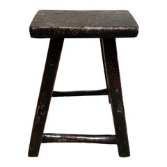 Vintage Black Painted Elm Wood Stool