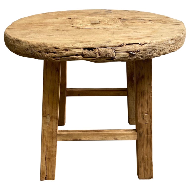 Vintage Elm Wood Rustic Round Side Table at 1stDibs