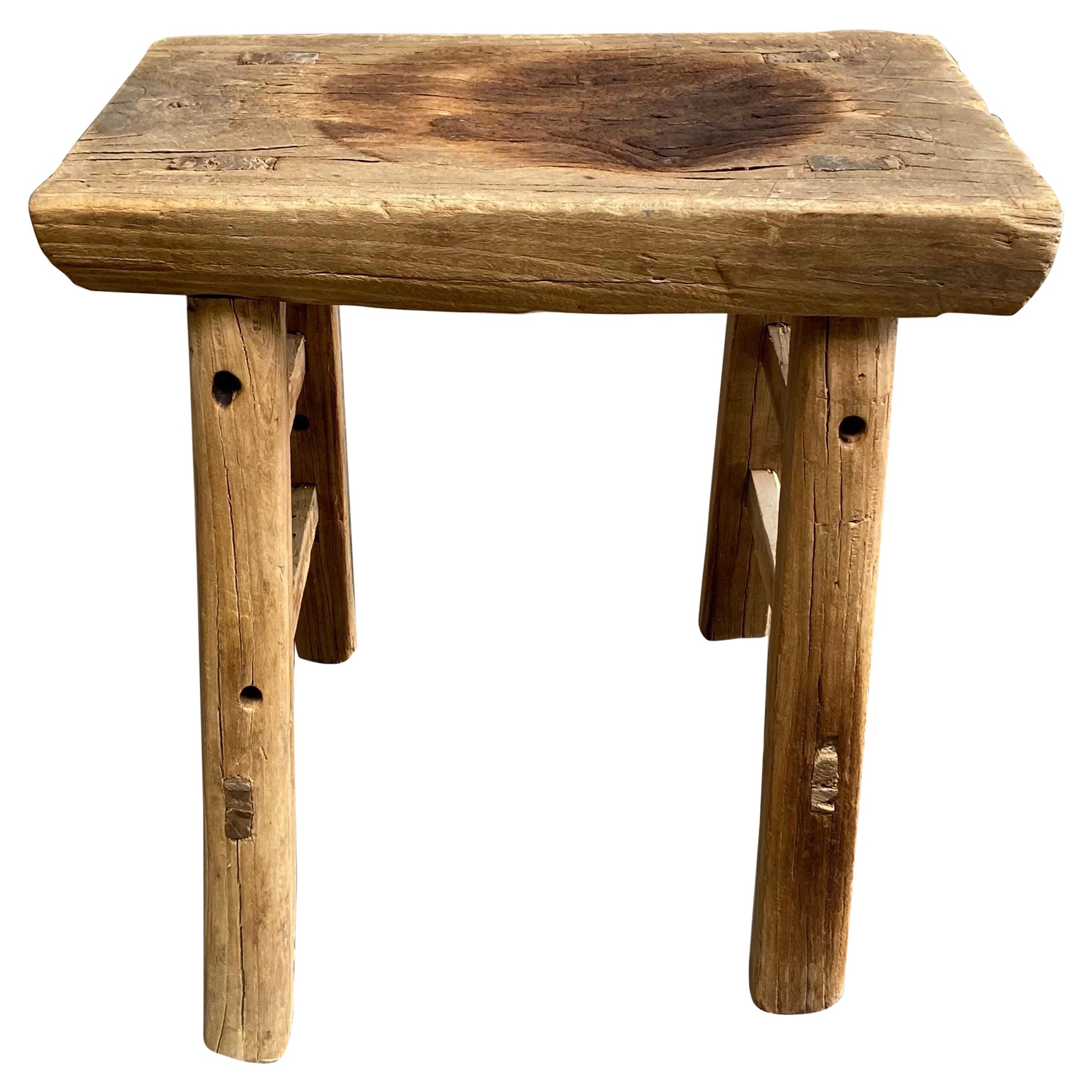 Antique Elm Wood Stool with Aged Top For Sale