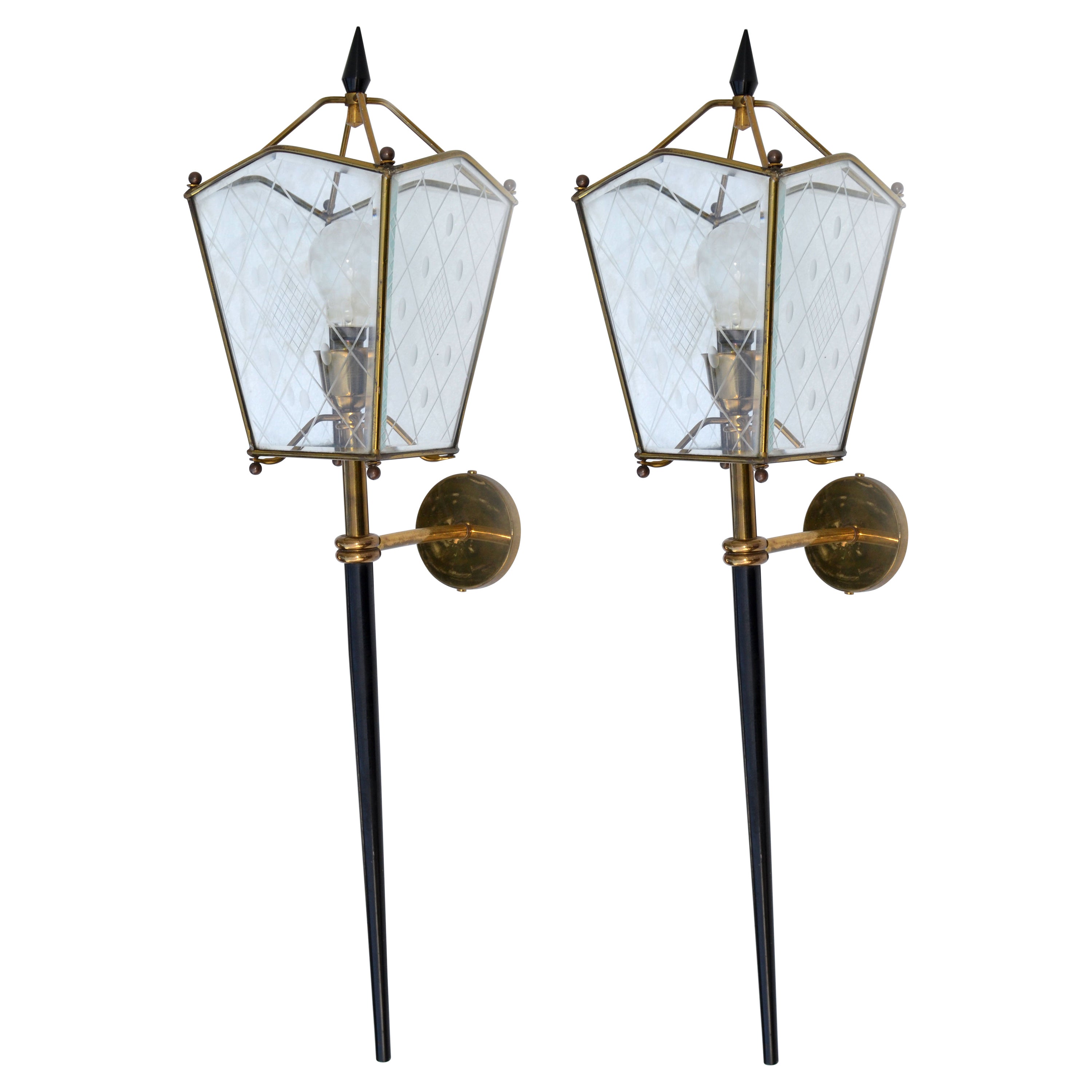 Jacques Adnet Style Largest Size Sconces Lantern Wall Lamps France 1960, Pair