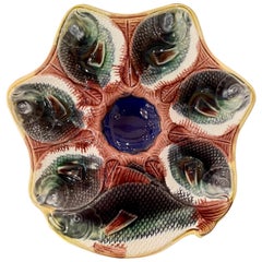 Antique English Majolica Porcelain Fish-Head & Cracker Well Oyster Plate C. 1880